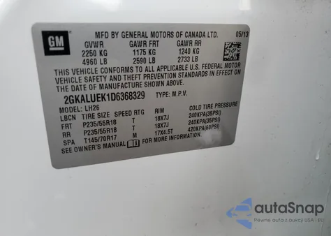 2013 GMC Terrain Slt из США, поврежденный, VIN 2GKALUEK1D6368329